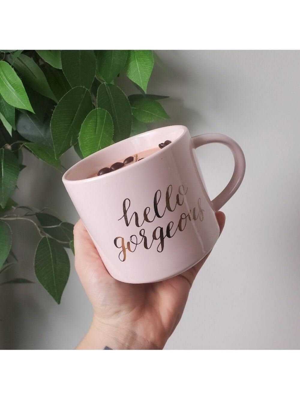 Pink 'Hello Gorgeous' Mug Coffee Bean Candle Mocha Coffee Scent Porcelain *